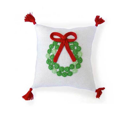 Hand Knit White Christmas pillow with Green Wreath, Fair Trade - Give Back Goods