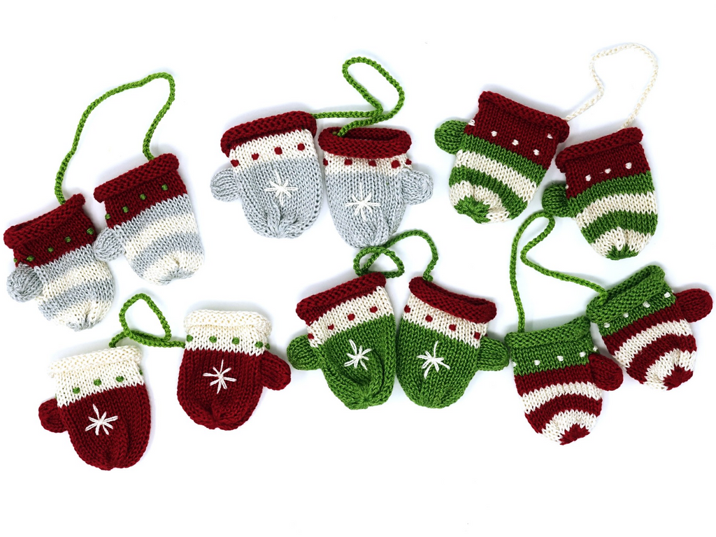Set of 6 Hand knit Tiny Mitten Ornaments, Fair Trade - Give Back Goods