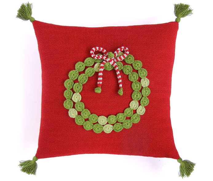 14x14 Hand Knit Red Christmas Pillow with Green Wreath, hand-embroidered, Fair Trade - Give Back Goods