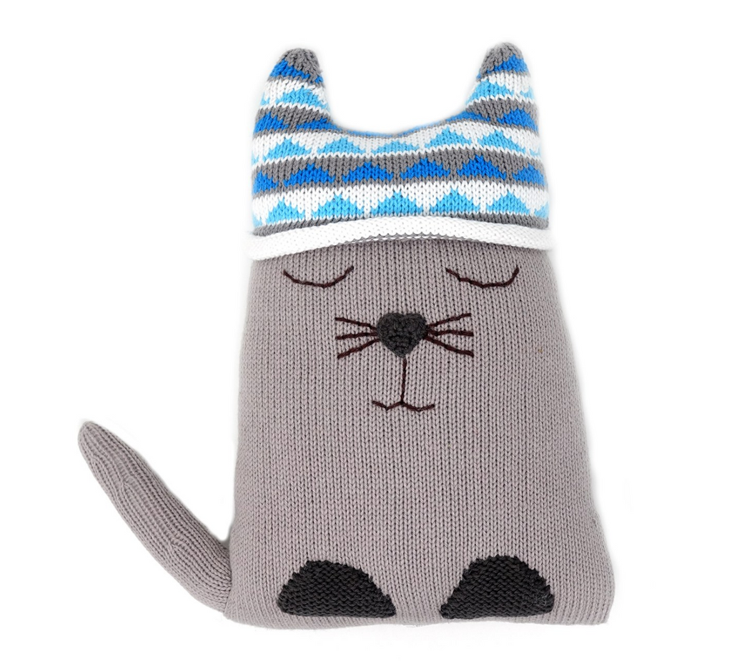 Grey Cat Stuffed Animal Pillow, Hand Knit, Fair trade - Give Back Goods