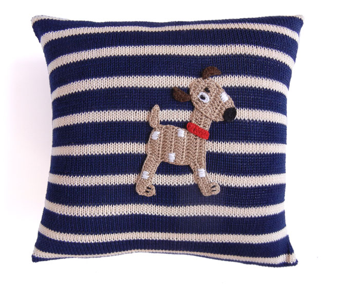 Spotted Dog Pillow with Navy Stripes, Handmade, Fair Trade - Give Back Goods