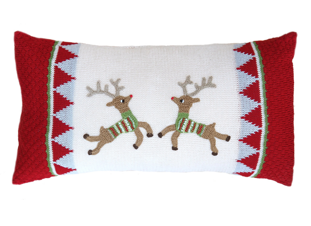 10x20 Hand Knit Reindeer Christmas Pillow, Support Fair Trade - Give Back Goods