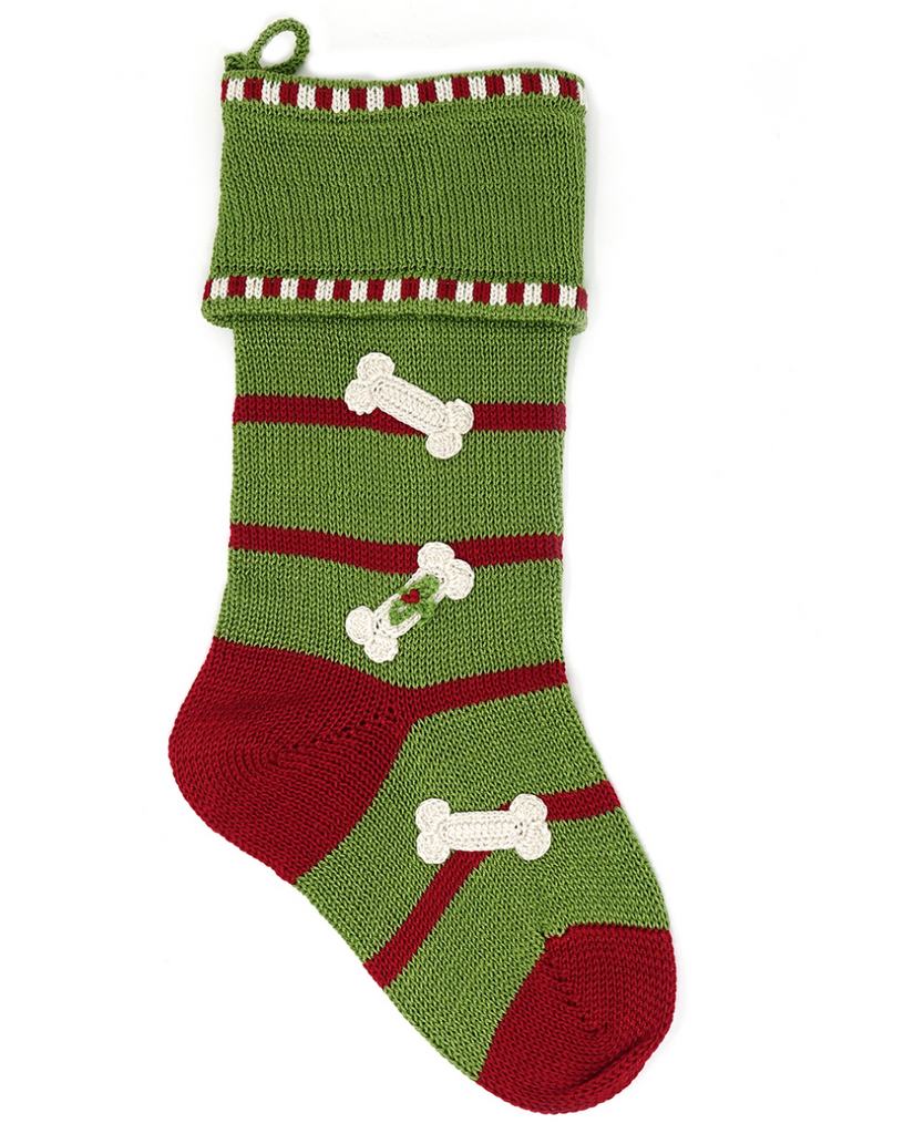 Hand Knit Green Dog Bone Christmas Stocking, Fair Trade, Support Women in Armenia - Give Back Goods