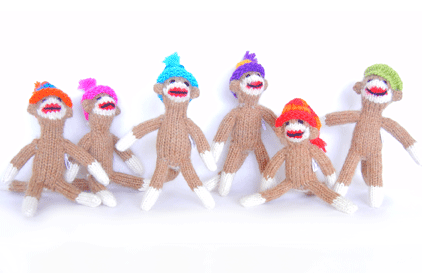 Set of 6 Hand Knit Sock Monkey Ornaments, Fair Trade - Give Back Goods