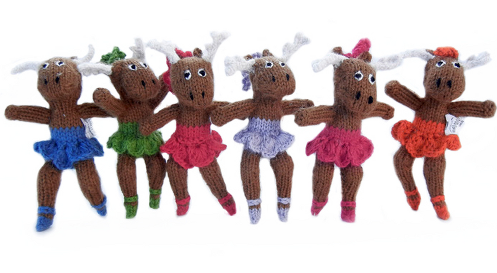 Set Of 6 Hand Knit Ballerina Moose Christmas Ornaments, Fair Trade - Give Back Goods