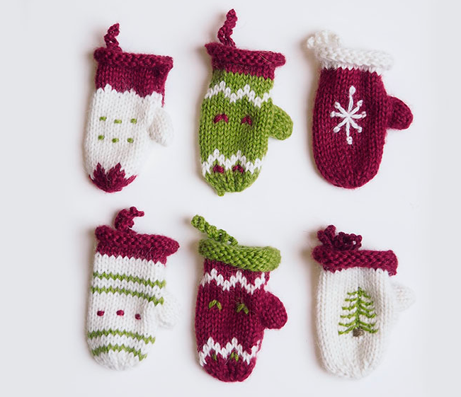 Set of 6 Hand knit Mitten Ornaments, Fair Trade - Give Back Goods