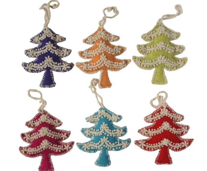 Set of 6 embroidered Christmas Tree ornaments,  Fair Trade - Give Back Goods