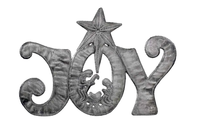 "Joy" Metal Art With Nativity Scene, Handcrafted from steel Drums in Haiti, Fair trade - Give Back Goods