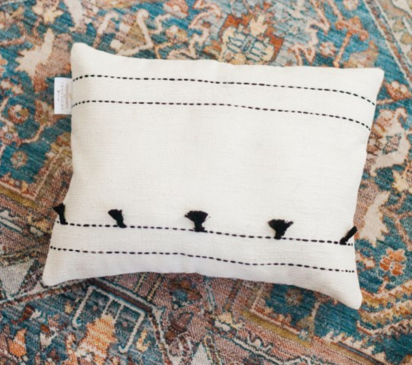 16" Tasseled Tunisian Pillow, Hand Woven & Embroidered Cotton, Eco-Friendly, Fair Trade
