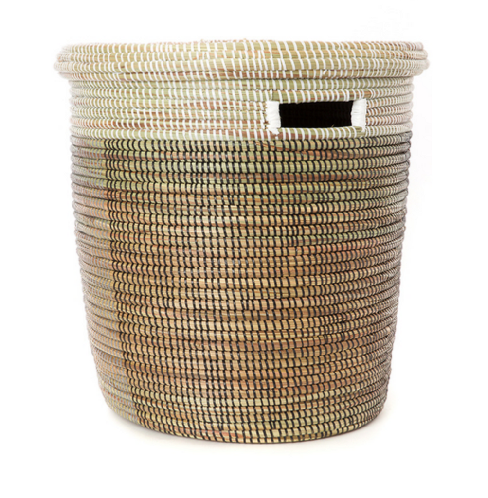 Brown, Silver and White Handwoven Cattail  Flat Lid Storage Basket, Fair Trade
