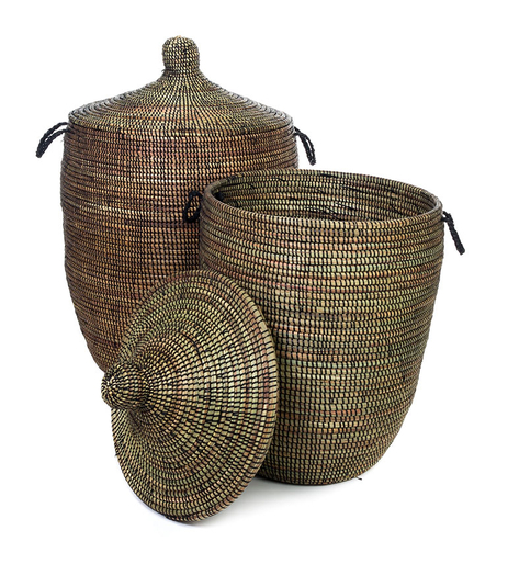 Black Decorative Handwoven Cattail Hamper Basket, Fair Trade
