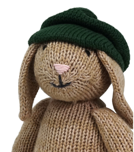 Hand Knit Sitting Brown Easter Bunny with Beret Stuffed animal - Support Fair Trade for Artisans
