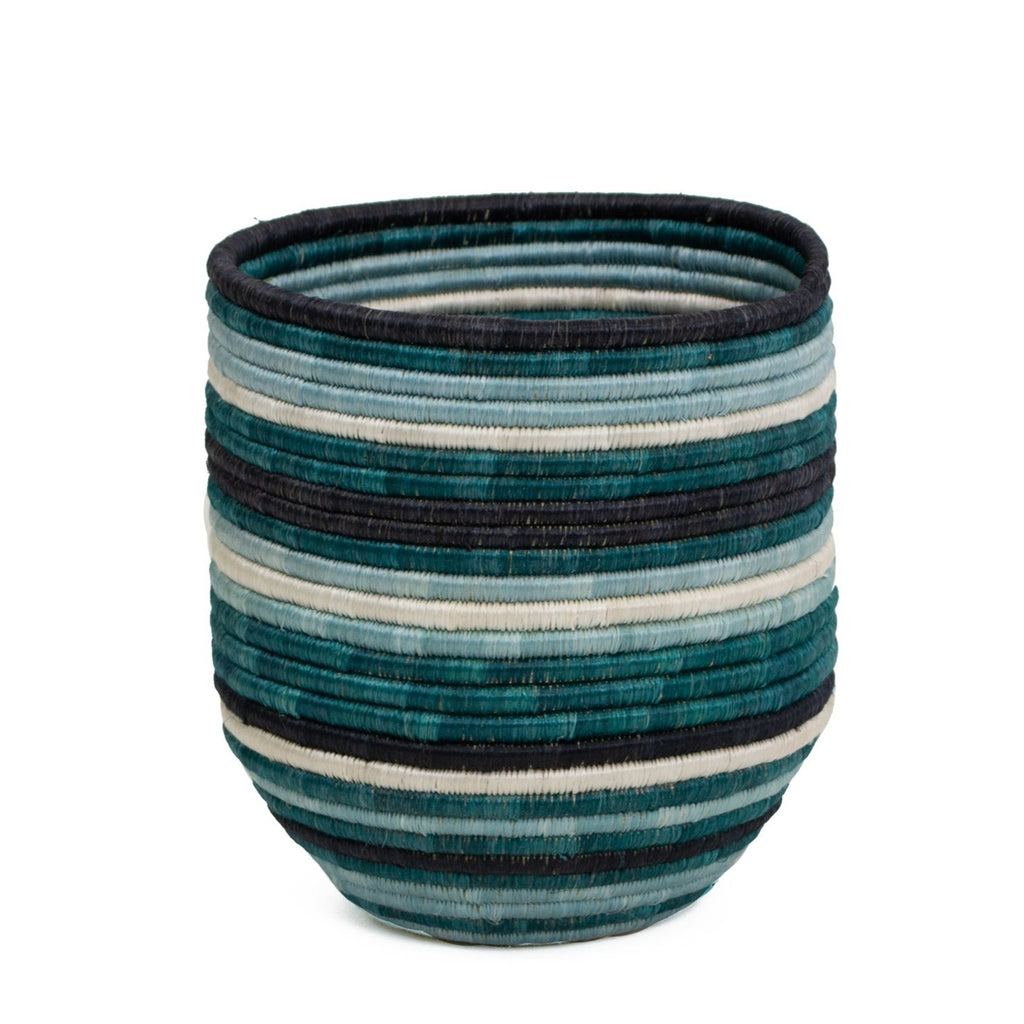 Handmade Teal & Black Striped Woven Vase, Fair Trade, Rwanda