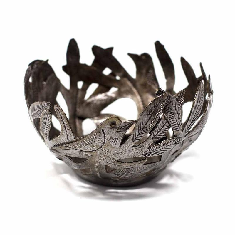 Handcrafted Metal Bowl with Birds from Haiti, Made from repurposed steel drums, Fair trade