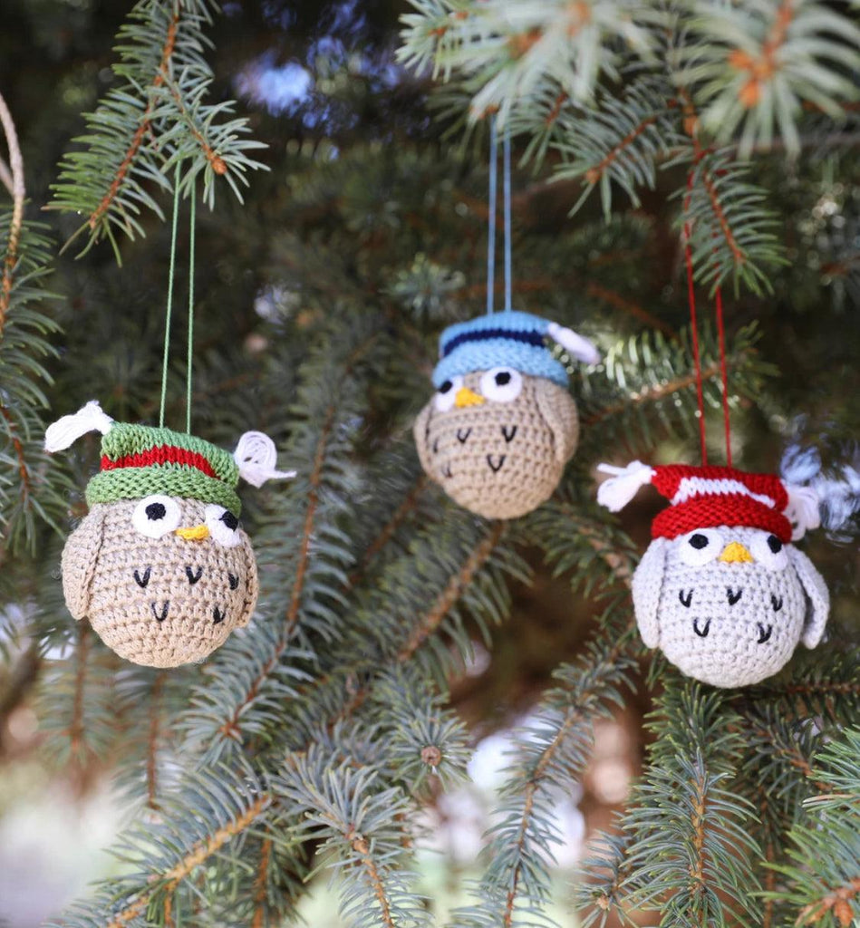Set of 3 handmade Crocheted Owl  Ornaments, Fair Trade
