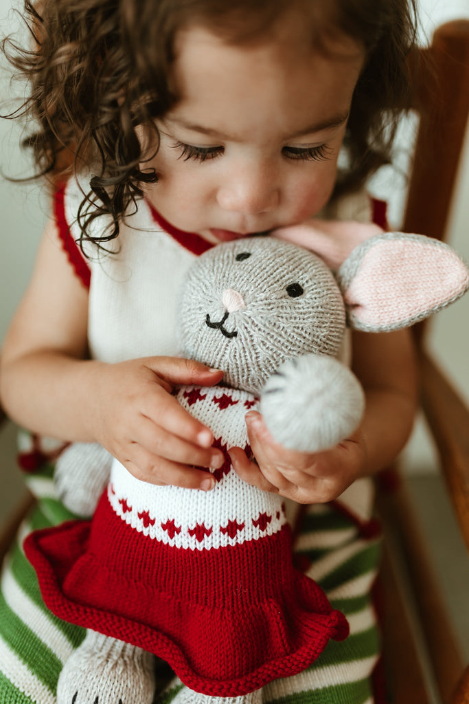 Hand-Knit Bunny Stuffed Animal in Red & White Holiday Christmas  Dress, Fair Trade from Peru