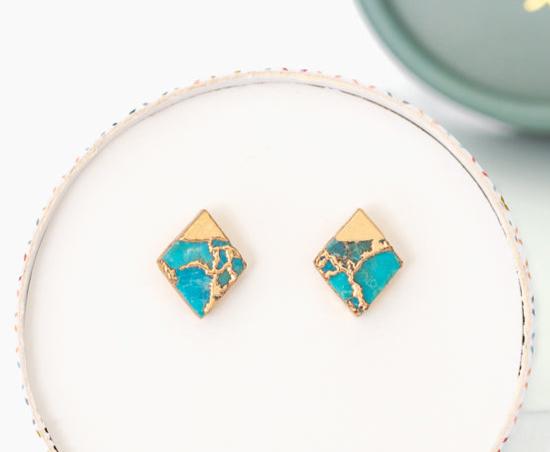 Turquoise & Gold Diamond Shape Stud Earrings, Give Freedom to Women!