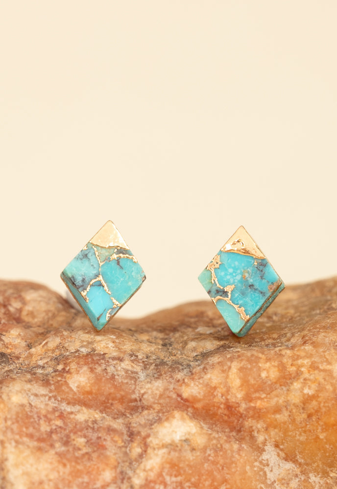 Turquoise & Gold Diamond Shape Stud Earrings, Give Freedom to Women!