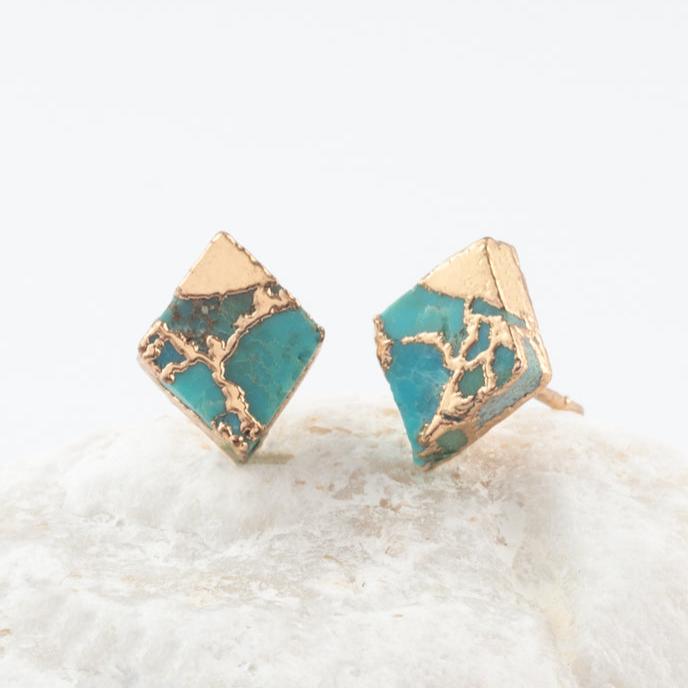 Turquoise & Gold Diamond Shape Stud Earrings, Give Freedom to Women!