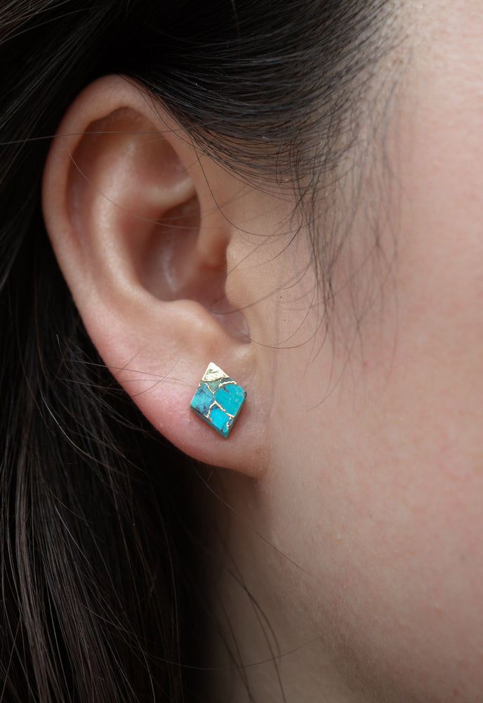 Turquoise & Gold Diamond Shape Stud Earrings, Give Freedom to Women!