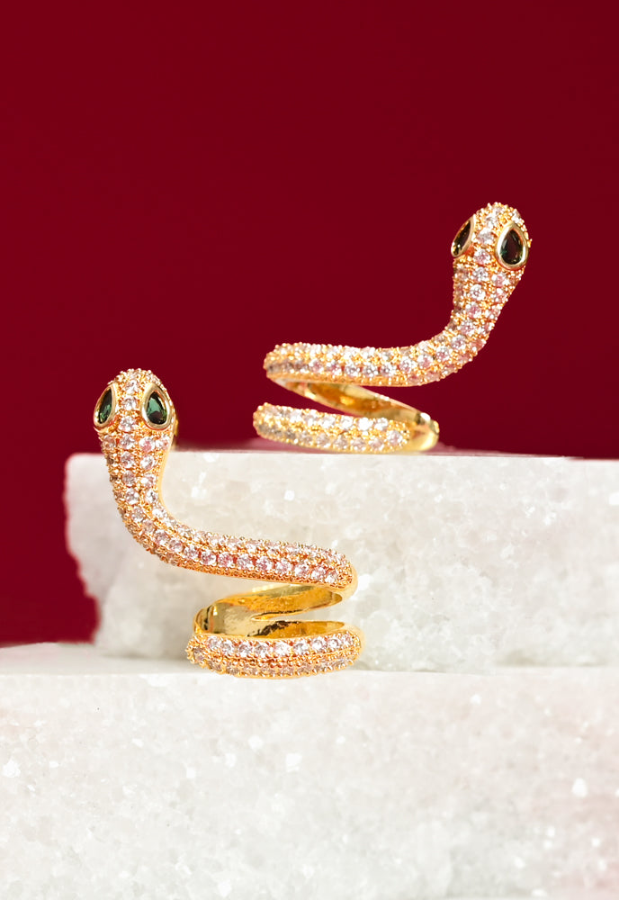 Gold snake-shaped earrings on a white stand with a red background