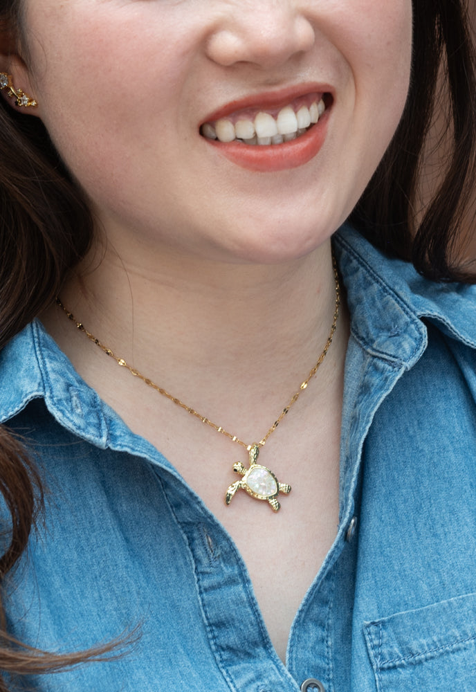 Gold Turtle Necklace in Mother of Pearl, Give Freedom to Women!