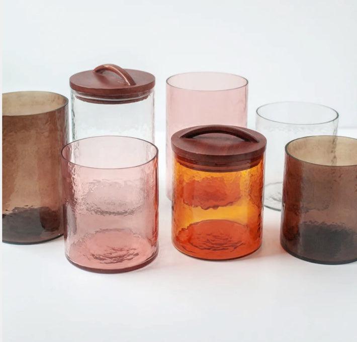 Handblown Hammered Glass Canisters With Wood Lid, Recycled, Ethically Made