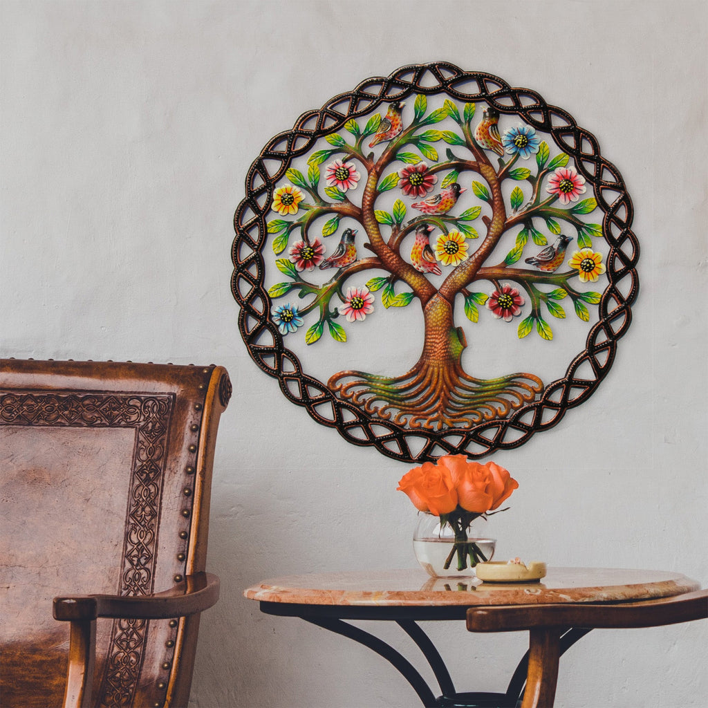 Handcrafted, 24" Colorful Tree of Life Upcycled Metal Drum Wall Art, Haiti, Fair Trade