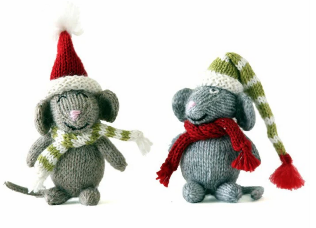 Set of 2 Hand- Knit Alpaca Wool  Mouse Christmas Ornaments, Fair Trade from Peru