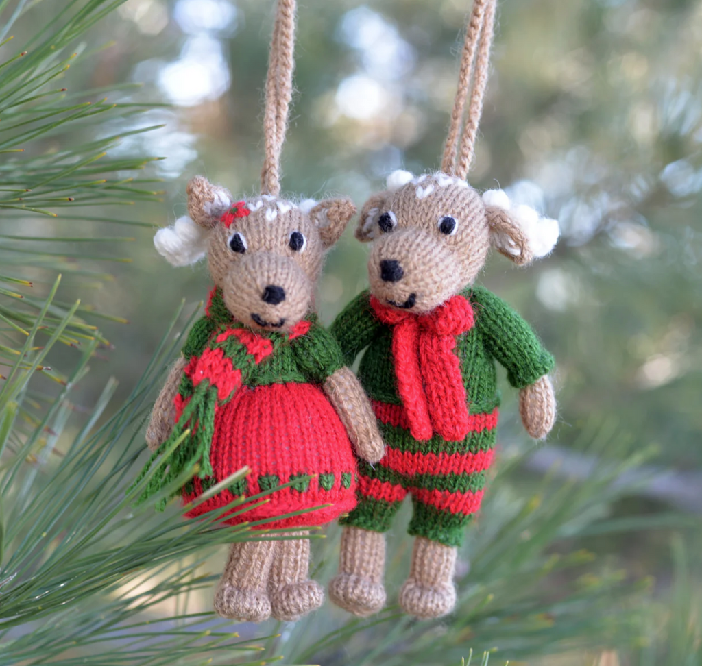Set of 2 Hand Knit Deer Ornaments dressed for Christmas, Fair Trade from Peru