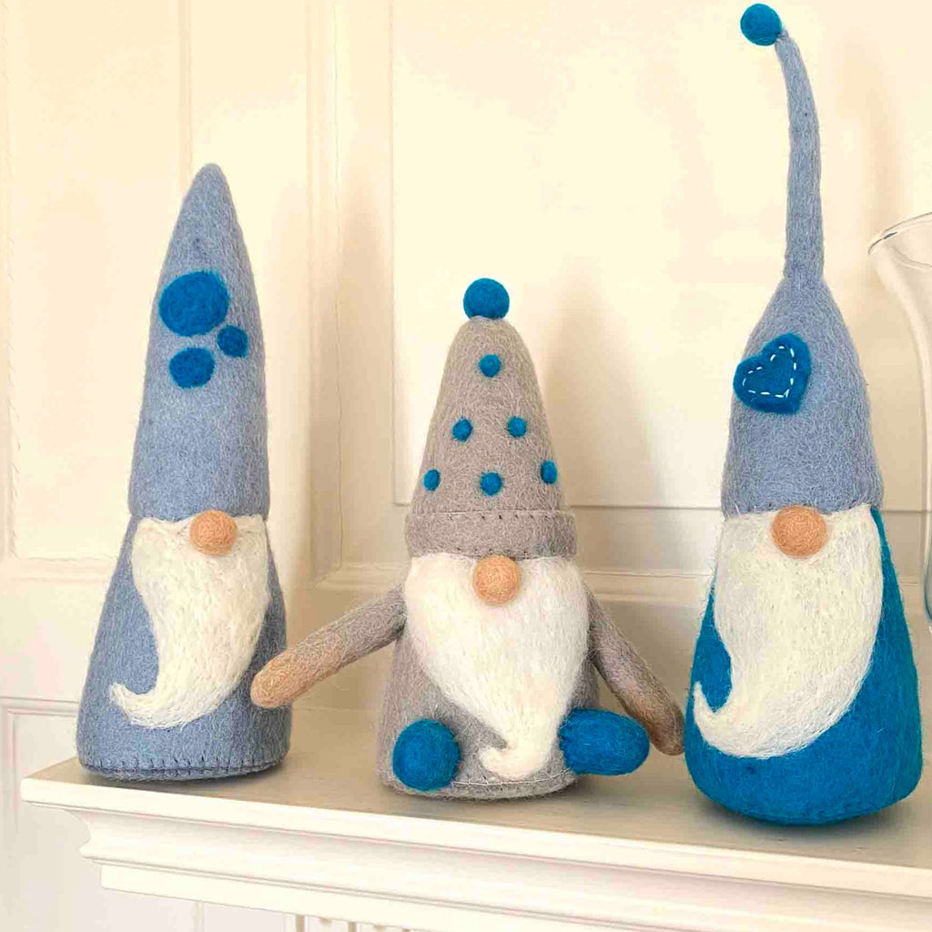 Handmade Set of 3 Winter Blues Felt Gnomes, Fair Trade, Nepal