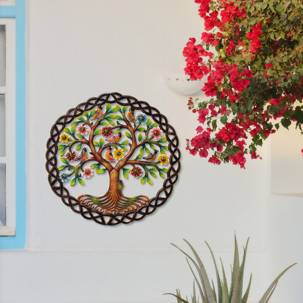 Handcrafted, 24" Colorful Tree of Life Upcycled Metal Drum Wall Art, Haiti, Fair Trade