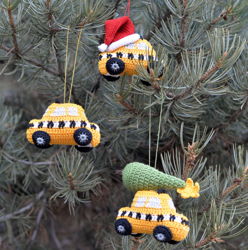 Set of 3 Hand Crochet Yellow Taxi Ornaments, Fair Trade from Armenia