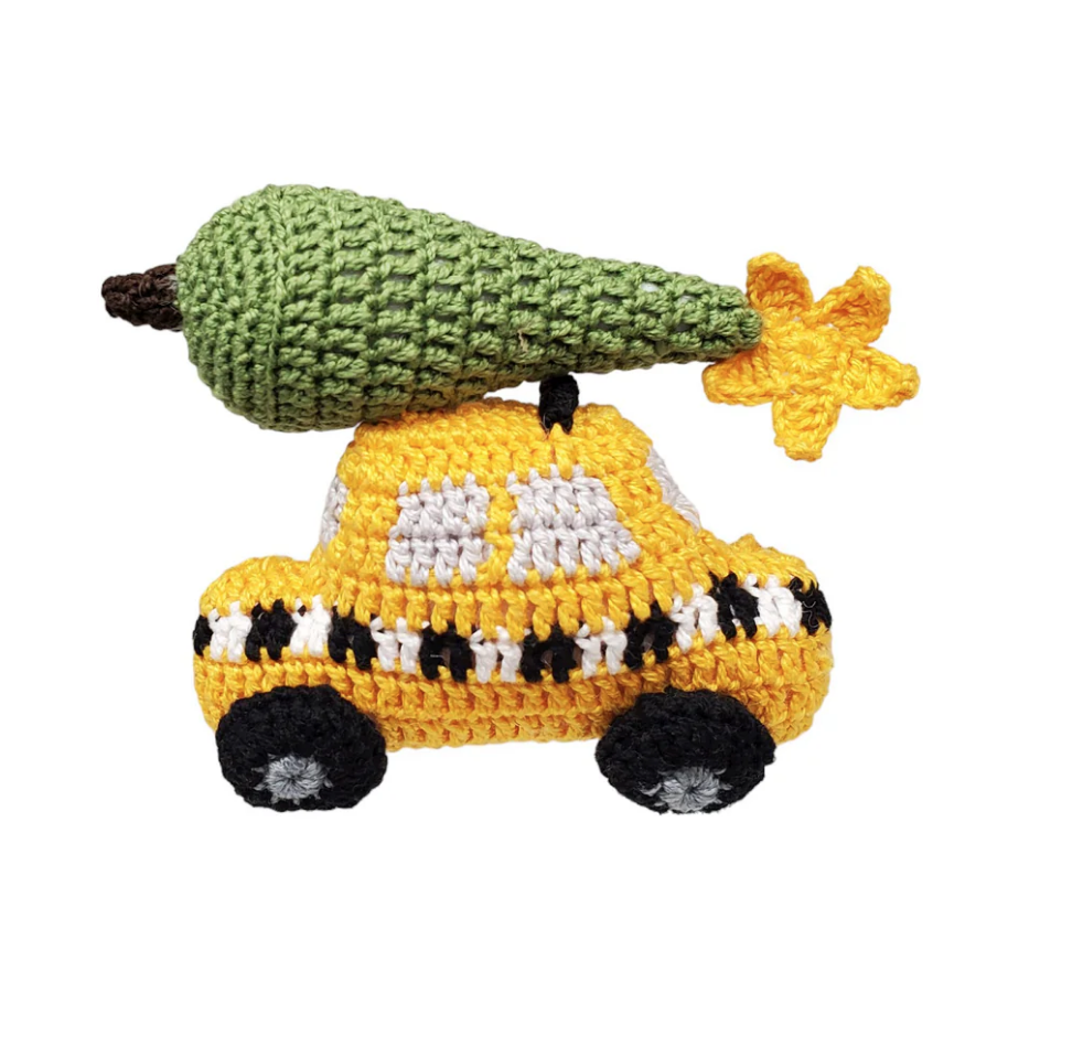 Set of 3 Hand Crochet Yellow Taxi Ornaments, Fair Trade from Armenia