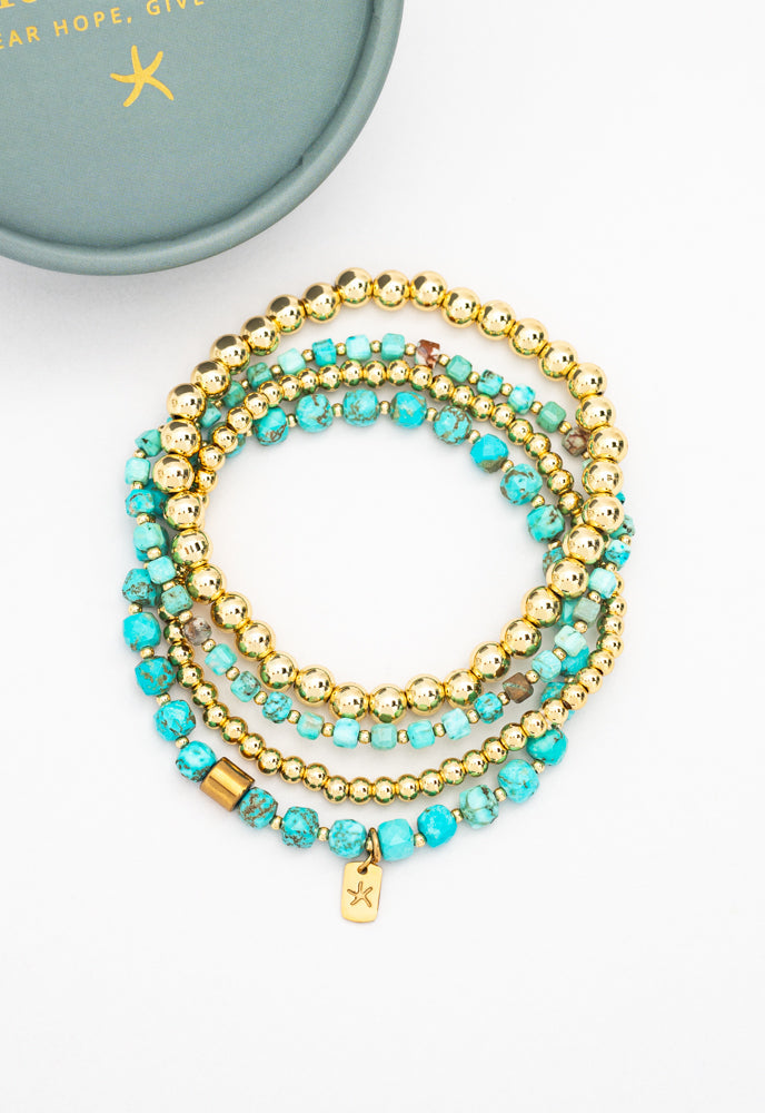 Gold & Turquoise Hope Beaded Bracelet Stack