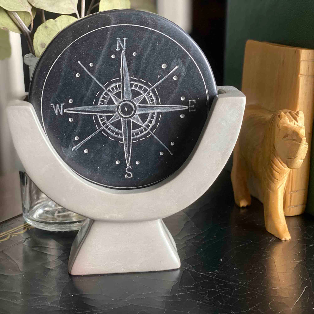 Compass Soapstone Sculpture, Dark Gray Stone