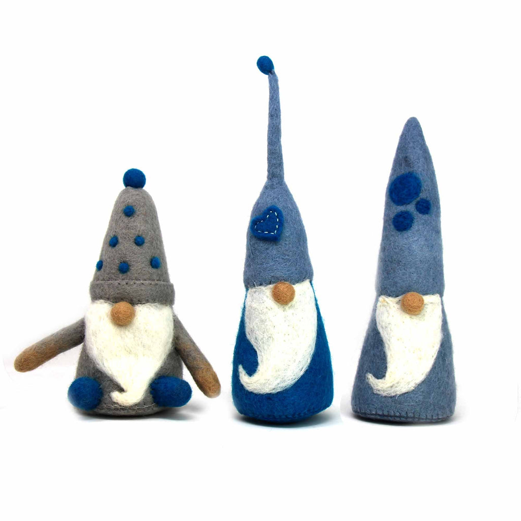 Handmade Set of 3 Winter Blues Felt Gnomes, Fair Trade, Nepal