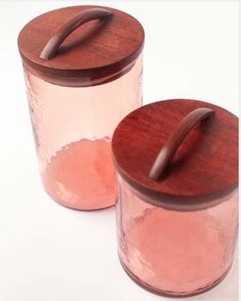 Handblown Hammered Glass Canisters With Wood Lid, Recycled, Ethically Made