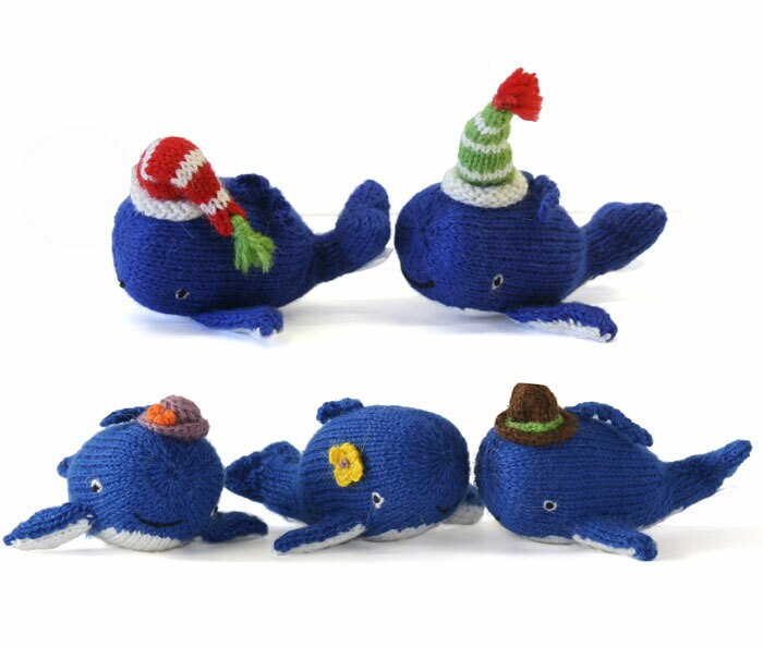 Set of Six Hand Knit Blue Whale Christmas Ornaments, Fair Trade, Peru