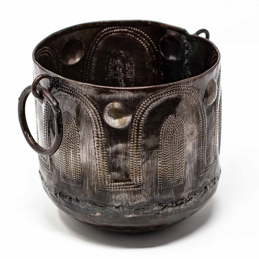 Handmade Hammered Metal Container Pot with Round Handles, Fair Trade from Haiti