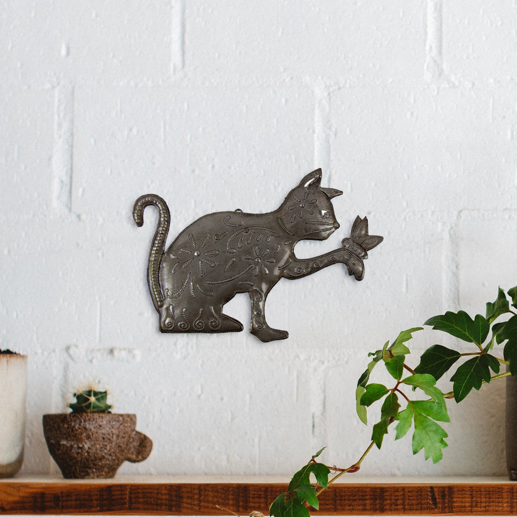 Hand Crafted Cat and Butterfly Haitian Steel Drum Wall Art, Fair Trade