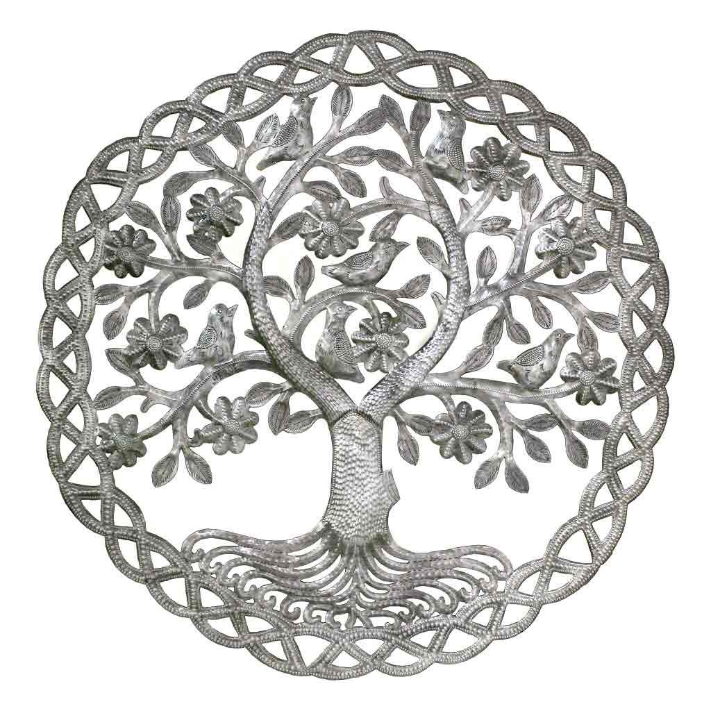 24" Tree of Life with Flowers Wall Art Handmade from Steel Drums, Fair Trade, Haiti