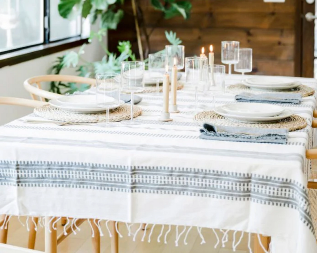 Hand woven Striped Ethiopian Cotton Tablecloth, Blue or Grey- 96x54, 50x50 - Eco-Friendly, Fair Trade