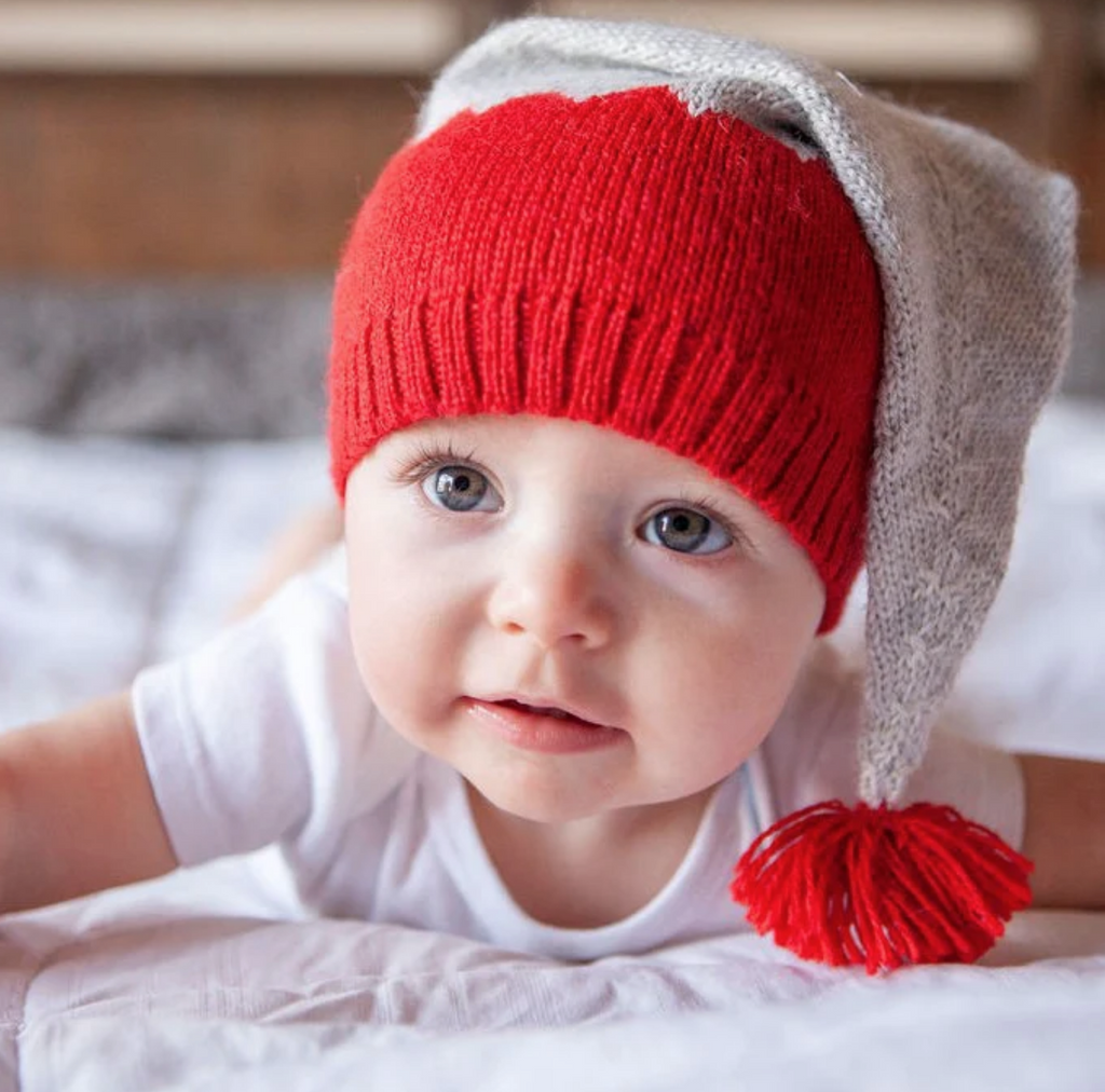 HandKnit Grey & Red Stocking Hat with Pom for Baby, Fair Trade