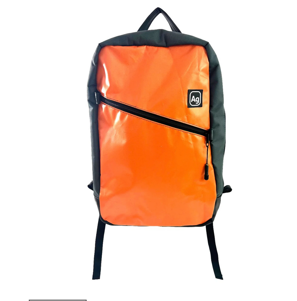 Upcycled Backpack, Grey Denim or Orange Banner- Made in the USA - Sustainable