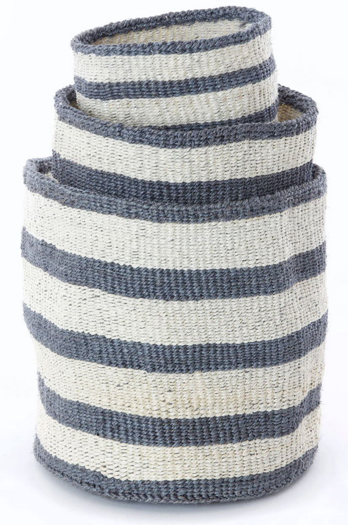 3 Handwoven Grey & Cream  Striped Twill Sisal Nesting Baskets, Kenya, Fair Trade