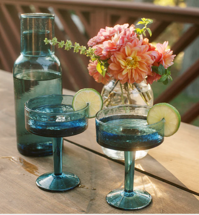 Handblown Hammered Coupe Cocktail Glasses- Set of Two, Ethically Made, Recycled