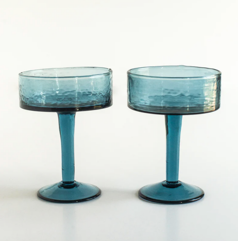 Handblown Hammered Coupe Cocktail Glasses- Set of Two, Ethically Made, Recycled