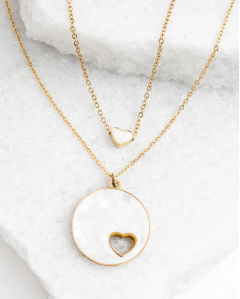 Mother of Pearl & Gold Cut-out Double Heart Necklace - Give Hope and Freedom to Women!