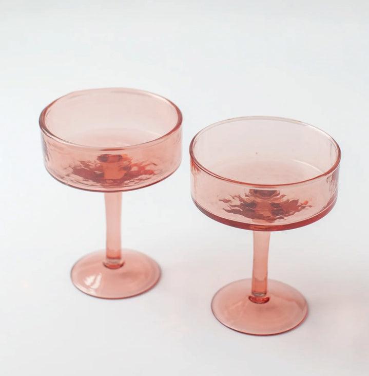 Handblown Hammered Coupe Cocktail Glasses- Set of Two, Ethically Made, Recycled